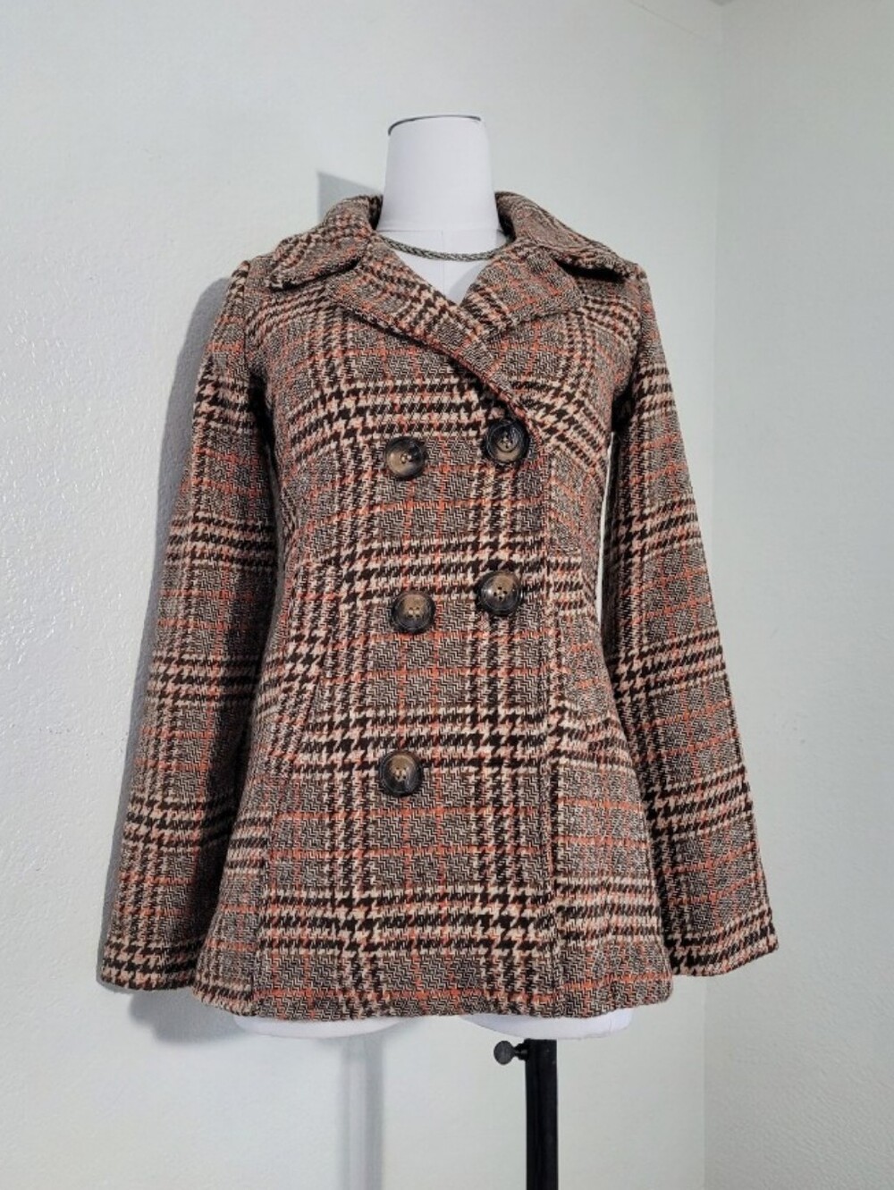 Me Jane Plaid Double-Breasted Peacoat in Brown, Tan & Orange